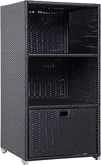 Outsunny Valet Pool Towel Rack, Waterproof PE Plastic Rattan Wicker Storage Organizer, Indoor Outdoor Spa, and Hot Tub Accessory Storage, 2 Shelves, 1 Basket Drawer, Espresso