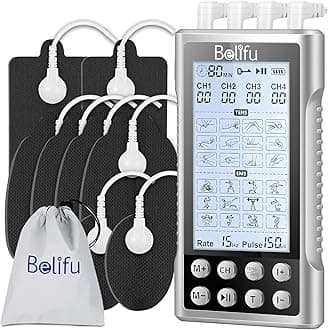 Belifu 4 Channel TENS EMS Unit – 24 Massage Modes & 30 Intensity Levels, Rechargeable Electric Pulse Muscle Stimulator with 10 Pads & 5 Lead Wires for Pain Relief & Therapy, Color Silver