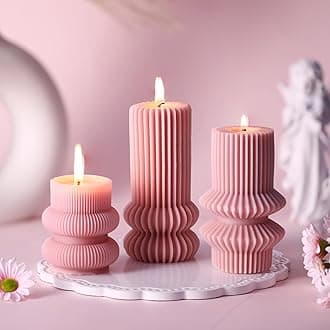 MTLEE 3 Pcs Small Ribbed Pillar Candles Scented Pillar Candle Decorative Candles Soy Wax Aesthetic Candle 4.7, 4.2, 3.2 in Height Modern Geometric Home Decor for Bathroom Living Room(Pink)