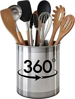 Cooler Kitchen Rotating Extra Large Stainless Steel Utensil Holder Caddy with Sturdy No-Tip Weighted Base, Removable Divider, and Gripped Insert Bottom -Dishwasher Safe Metal Cooking Utensil Holder