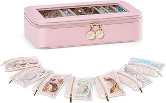 Lolalet 8 in 1 Travel Jewelry Case with Velvet Pouches, Clear Window Travel Jewelry Organizer Bags for Earrings, Bracelets, Necklaces and Rings, Compact Jewelry Storage for Women Girls -Pink, 7PCS