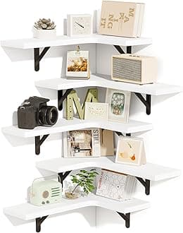 Fixwal Corner Floating Shelves, Wall Mounted Corner Shelf Set of 5, Rustic Wood Wall Shelves for Bathroom, Kitchen, Bedroom or Living Room (White)