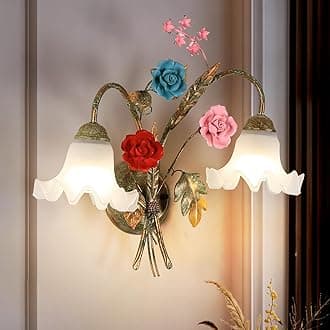 Vintage Floral Wall Sconce,Metal Wall Lamp with 2 Glass Lampshade,Mounted Wall Lamps for Bedroom Living Room Corridor Vanity Hallway E26 Wall Art Scones 48 * 42Cm