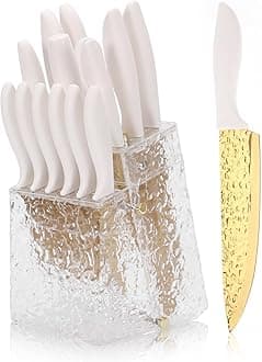 Kitchen Knife Set Non Stick Knives Set with Block Cutlery Knife Block Sets, Serrated Steak Knife, Scissors and Sharpener, 15Pcs Stainless Steel Chef Sharp Quality with Gold Blade for Home & Pro Use
