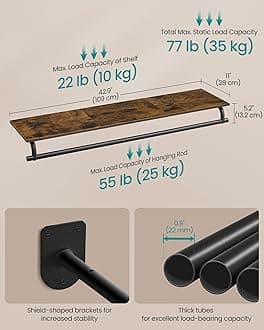 SONGMICS Clothes Rack with Top Shelf, Wall Mounted Clothing Rack, with Hanging Rod, Loads up to 77 lb, 11 x 42.9 x 5.2 Inches, Entryway, Bedroom, Closet, Rustic Brown and Ink Black UHSR135B01