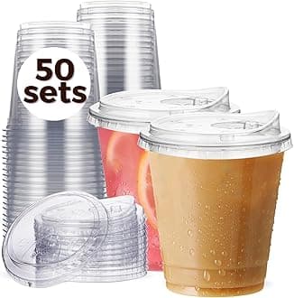 12 oz Clear Plastic Cups with Strawless-Sip-Lids, 50 Sets Disposable Cups Plastic Iced Coffee Cups, To Go Cups with Sip Through Lids for Smoothie, Milkshake, Cold Drinks for Party, Wedding, Event