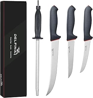 DELFINA 4 PCS Butcher Knife Set, German 1.4116 Steel Blade For Meat Cutting Skinning Boning Trimming, Non-Slip Softgrip & Incl. 10" Sharpener Rod