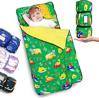 Primlect Thickened Toddler Nap Mat with Removable Pillow and Minky Blanket, Extra Large 55''x35'' Sleeping Bag, Washable, Roll up, Perfect for Daycare, Preschool, Kindergarten, Boys and Girls Dinoaur