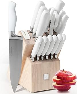Styled Settings White Knife Set with Block and Sharpener – 14-Piece High Carbon Stainless Steel Knives with Ashwood Block and Built-In Sharpener – Durable White Kitchen Accessories for Cooking