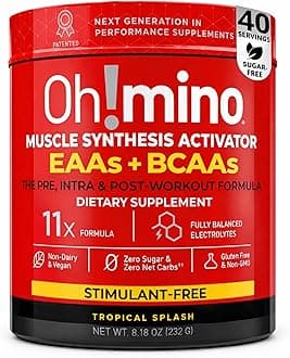 Oh!mino BCAAs + EAAs, All 9 Essential Amino Acids for Muscle Growth & Recovery, Tropical Flavor, Stimulant-Free, Sugar-Free Pre/Intra Post Workout Supplement, Non-GMO