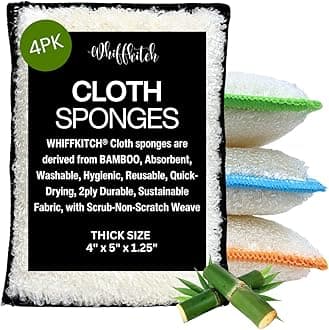 Whiffkitch Bamboo Sponges 4pk Scrub-Non-Scratch, Naturally Hygenic, Washable, Extra Absorbent, Durable, Reusable, Kitchen and Household Multi-Tasking, 4pk