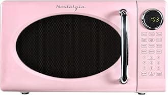 Nostalgia Retro Microwave Oven - 0.7 Cu Ft, 700-Watt Countertop Size with Glass Turntable, Child Safety Lock, 8 Auto-Cook Programs, Digital Clock - Pink