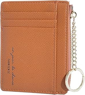 Women Slim Leather Card Case Holder Small Wallet Cute Coin Purse Girl Mini Wallet with Keychain (Brown)