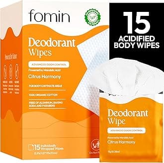 FOMIN Acidified Travel Deodorant Wipes for Women & Men - 15 Count - Citrus Harmony - pH Balanced, Mini Deodorant Travel Size Wipe - Plastic-Free, Individually Wrapped Underarm Body Wipes