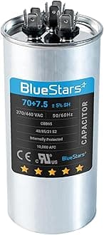 [UL Certified] BlueStars 70/7.5 uF 70+7.5 MFD 370 or 440 Volt VAC Round Dual Run Capacitor by BlueStars - Compatible for Air Conditioner or Heat Pump Condenser