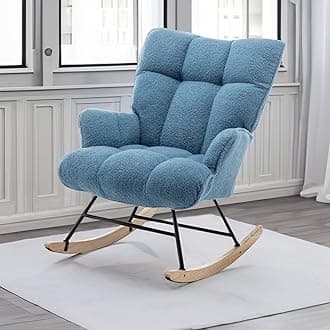 Nursery Rocking Chair Teddy, Upholstered Glider Rocker with High Backrest, Comfortable Stylish Accent Armchair with Padded Seat for Living Rooms, Bedrooms, Offices, Blue
