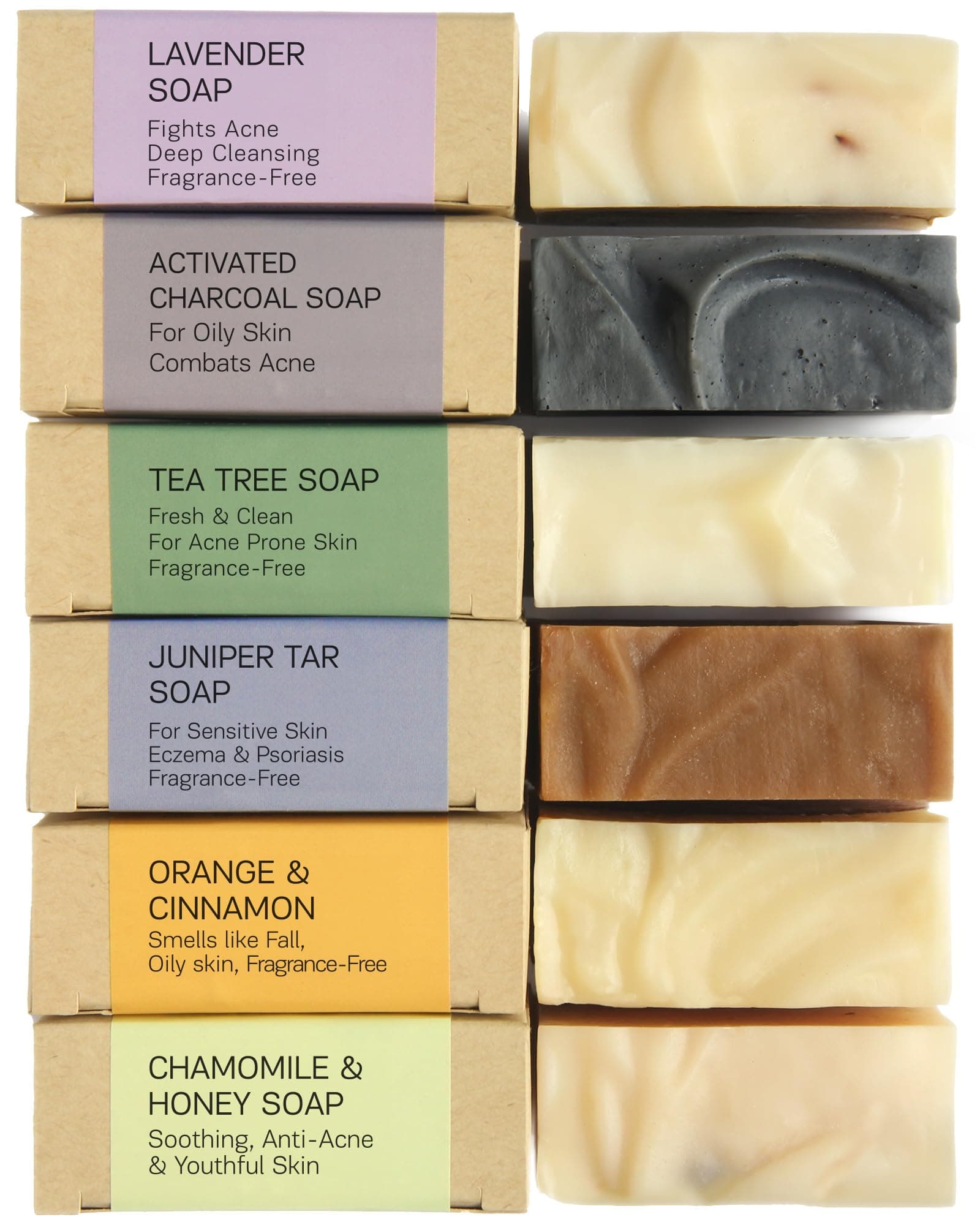 AUTHENTIC BATH & SOAP Natural Bar Soap Set for Oily Skin – Handmade, Acne Oil Control, Odor-Fighting (6-Pack): Tea Tree, Pine Tar, Orange & Cinnamon, Lavender, Activated Charcoal, Honey & Chamomile