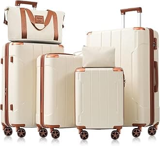 Luggage Set 6 Piece Expandable Lightweight ABS Hardshell Suitcases with Wheels, Corner Guards (White Brown, 6 piece set)