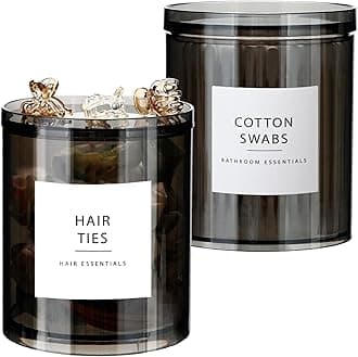 SheeChung 2-Pack Stackable Qtip Holder - 10oz Compact Black Apothecary Jars with Multifunctional Lids - Small Bathroom Vanity Organizer for Cotton Swabs, Balls, Floss Picks - Translucent Black