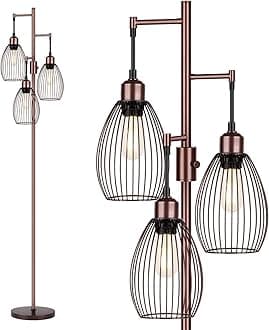 Dimmable Floor Lamp, 3 x 800LM LED Edison Bulbs Included, Farmhouse Industrial Floor Lamp Standing Lamp with Elegant Teardrop Cage Head Tall Lamp for Living Room Bedroom Office Dining Room - Brown