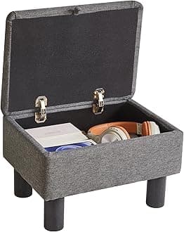 Linen Small Ottoman Foot Rest, Foot Stools with Storage Small, Upholstered Rectangle Wood Ottoman with Safety Hinge Flip Top, Bed Stool for Bedroom Dorm Light Gray YD-JD1364