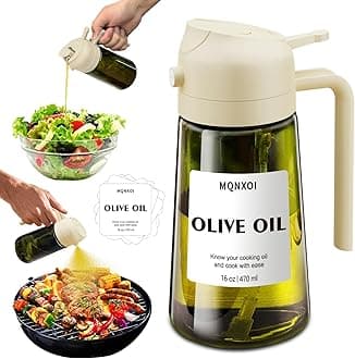 2 in 1 Glass Oil Sprayer & Dispenser,16oz/470ml Olive Cooking, Air Fryer, and Salad, for Kitchen Gadgets and Air Fryer Accessories, w/Stickers (White + Dark Green Bottle1)