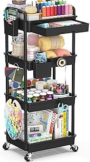 4 Tier Rolling Utility Cart with Drawer, Storage Organizer Cart with 2 Lockable Wheels, Multifunctional Rolling Storage Cart for Bathroom, Kitchen, Craft, Makeup, Baby Essentials, Black