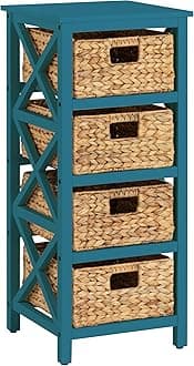 eHemco 4 Tier X-Side End Storage Cabinet with 4 Wicker Baskets, Teal