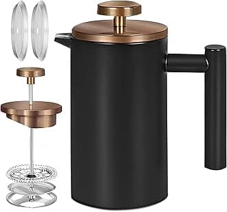 Miuly 12oz French Press for One Person, Small Coffee Press 350ml with 2 Filter Mesh, Double Wall Insulated French Press for Travel, Black