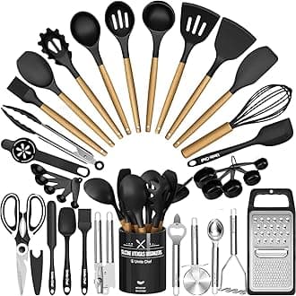 Umite Chef 34PCS Silicone Cooking Utensils Set with Holder, Black Wooden Handles, Heat Resistant, Non-Stick, Non-Scratch, BPA-Free, Kitchen Gadgets Tools Set