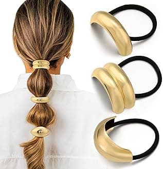 3PCS Gold Hair Ties, Metal Hair Ties for Thick Hair, Elegant Durable Geometric Design, Gold Hair Accessories Stretchy and Non-Damage Ponytail Cuff Holders, 3 Styles in Box Holiday Gifts