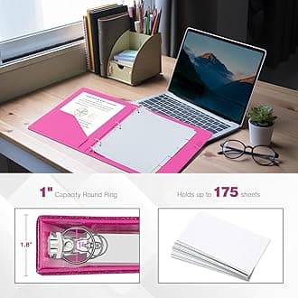 Ospelelf Vintage Hardcover 3 Ring 1 inch Leather Binder, Professional Binders Organizer Suitable for Letter Size Documents, Binder Dividers with Tabs, Glitter Rose Red