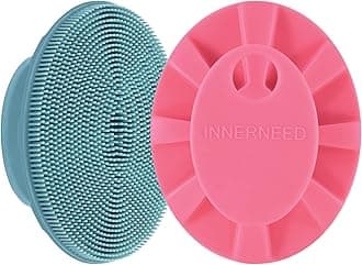 INNERNEED Silicone Face Scrubber, Exfoliating Brush Manual Handheld Facial Cleansing Brush Blackhead Remover, Food-Grade Soft Bristles (Dark Green+Pink)