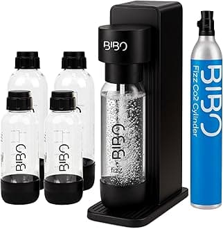 BIBO Sparkling Water Maker Bundle | Includes 60L Carbonated Gas Cylinder + 4 BPA-Free Reusable Bottles + Fizzy Soda Water Maker Machine | Quick Screw In CO2 System, Black