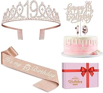 19th Birthday Decorations Including Birthday Sash, Tiara/Crown, Numeral Candles and Cake Topper, 19 Year Old Girl Gifts, Rose Gold Party Decor Supplies