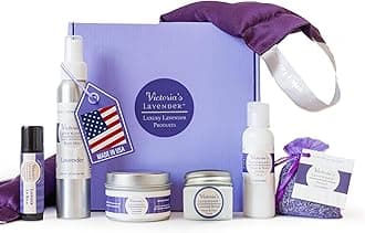 Victoria's Lavender Luxury Spa Gift Sets for Women - Neck Wrap, Body Mist, Body Lotion, Lip Balm, Soy Candle, Lavender Face Cream & Sachet, Made in USA Self Care Kit, Best Spa Kit for Women Gift Set