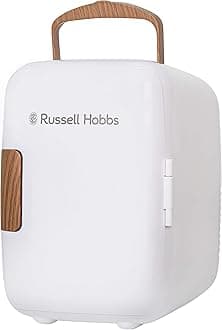 Russell Hobbs RH4CLR1001SCW 4L/6 Can Mini Portable Cooler & Warmer for Drinks, Cosmetics/Makeup/Skincare, AC/DC Power, Scandi Style, White & Wood Effect, For Bedroom, Home, Caravan, Car