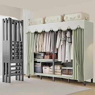 59in Heavy Duty Portable Closet with Cover Foldable Covered Clothes Rack for Hanging Clothes Armoire Wardrobe Closet System Freestanding Coat Storage Garment Racks (150cm/59in（Gauze curtain）)