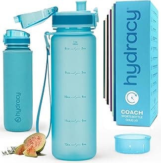 Water Bottle with Time Marker -Large BPA Free Water Bottle & No Sweat Sleeve -Leak Proof Gym Bottle with Fruit Infuser Strainer & Times to Drink -Ideal for Fitness Sports & Outdoors