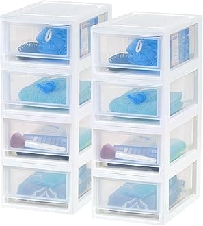IRIS USA Stackable Storage Drawer, Plastic Drawer Organizer with Clear Doors for Pantry, Bedroom, Closet, Desk, Kitchen, Home and Office De-Clutter, Store Under-Sink, Shoes and Crafts - White, 8 Pack