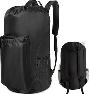 Polecasa Extra Heavy Duty Large Backpack Laundry Bag with Comfortable Padded Shoulder Straps & 4 Pockets, Sturdy & Durable Clothes Storage Bags, Hamper Drawstring bag for Dorm, College, Travel, Black