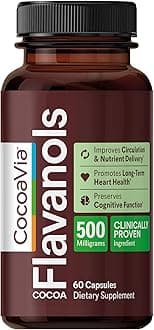 Cardio Health Supplement, 30 Day, 500mg Cocoa Flavanols, Support Heart Health, Boost Nitric Oxide, Blood Circulation, Energy, Vegan, Dark Chocolate, 60 Capsules