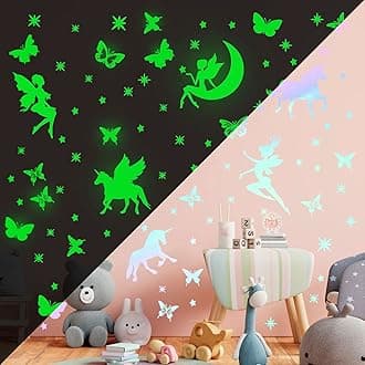 Tarklanda Glow in The Dark Stars Stickers Unicorn Fairy Butterfly Wall Decals Stickers DIY Fluorescent Adhesives Wall Stickers for Nursery Girls Kids Bedroom Living Room Home Decoration