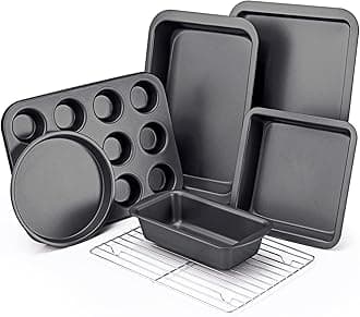 KITESSENSU Baking Pans Sets, Nonstick Bakeware Set 7-Piece with Round/Square Cake Pan, Loaf Pan, Muffin Pan, Cookie Sheet, Roast Pan, Cooling Rack, Carbon Steel Bake Set