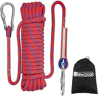 Climbing Rope 8(5/16in),10mm (3/8in), High Strength Accessory Cord Rope with 2 Steel Hooks, for Outdoor Rescue Rappelling Rope Down Cliffs ledges Safety Escape Tow Strap Equipment(red)
