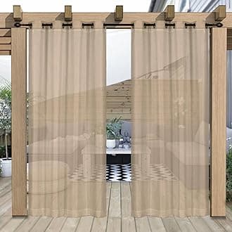 Outdoor Curtain for Patio, Khaki Linen Look Semi-Sheer Curtains Waterproof Light Filtering Voile Outside Grommet Drapes for Pergola Balcony Pool Indoor 1 Panel, W100 x L108