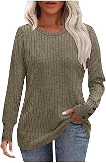 Womens Long Sleeve Sweaters Button Cuff Ribbed Knit Sweaters 2025 Fashion Lightweight Casual Crewneck Tunic Tops