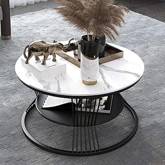 Metal Base Handmade Round Coffee/Nesting/Side/Center Table With Marble Finish Wooden White Top For Living Room/Drawing Room/Balcony Gold (Black & White)