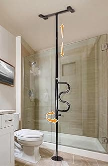 (Metallic Black) - Stander Security Pole & Curve Grab Bar - Elderly Tension Mounted Transfer Pole + Bathroom Assist Grab Bar- Metallic Black