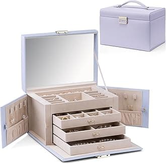 Vlando Large Jewelry Box for Women, Mirror Jewelry Organizer with Lock for Necklaces Rings Earrings Bracelets - Purple
